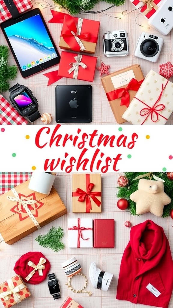 A vibrant Christmas wishlist collage with diverse gift ideas like gadgets, home essentials, and fashion items.
